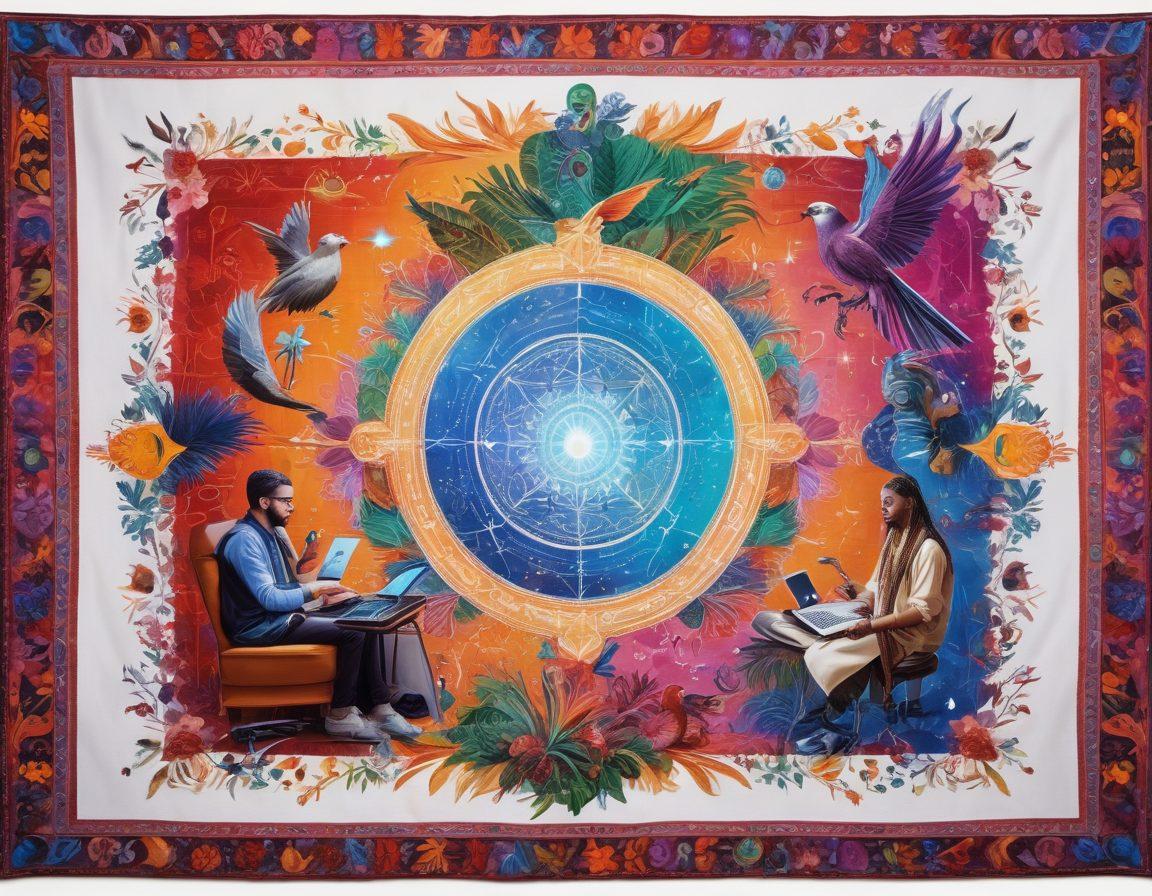 A colorful tapestry depicting a diverse group of creators sharing digital stories through various mediums like video, blog, and social media. The background features iconic symbols of storytelling, such as a quill, camera, and microphone, intertwining with vibrant digital graphics. The overall atmosphere radiates creativity and inspiration with elements of technology like holographic screens and animated text. super-realistic. vibrant colors. white background.