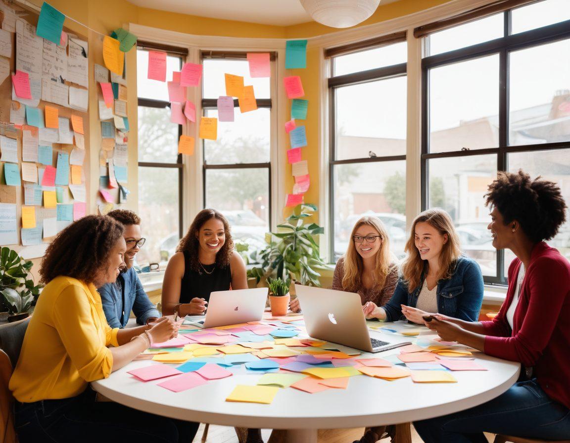 A diverse group of enthusiastic bloggers gathered around a large round table, sharing ideas and strategies, with laptops open and colorful sticky notes scattered across the table. The atmosphere is lively and collaborative, with bright decorations and inspirational quotes on the walls. Natural light streams through a window, highlighting their engagement and teamwork. The background features a framed bulletin board displaying community achievements. vibrant colors. super-realistic.