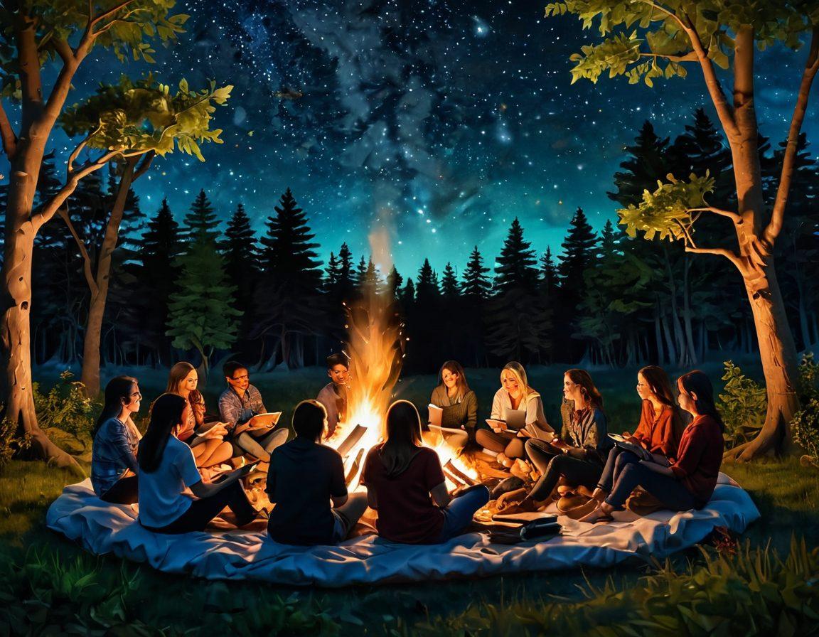A vibrant scene depicting a diverse group of bloggers passionately sharing stories around a campfire, surrounded by illuminated scrolls of paper floating in the night sky, symbolizing creativity and inspiration. The backdrop features a magnificent, starry sky and lush greenery, enhancing the warmth of the gathering. Include elements like a digital tablet and a quill to represent modern and traditional storytelling. super-realistic. vibrant colors. night setting.